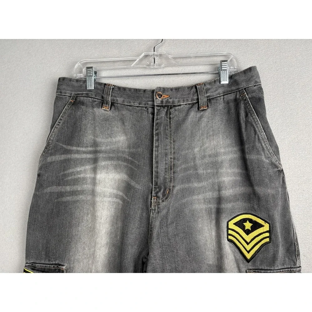 Raw Blue Jeans Mens W34 L34 Gray Cargo Pants Patchwork Badge Streetwear Y2K